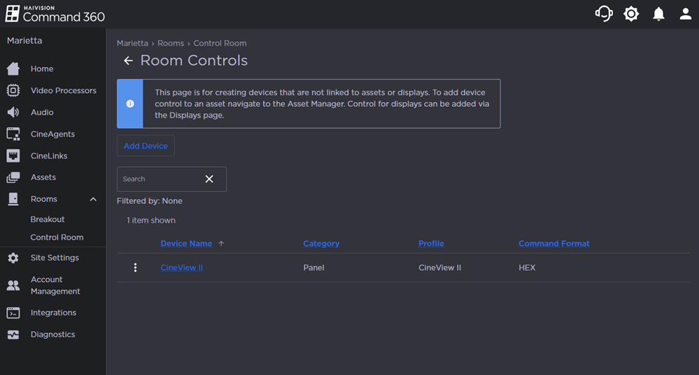 Room Controls Page with 1 Device Listed
