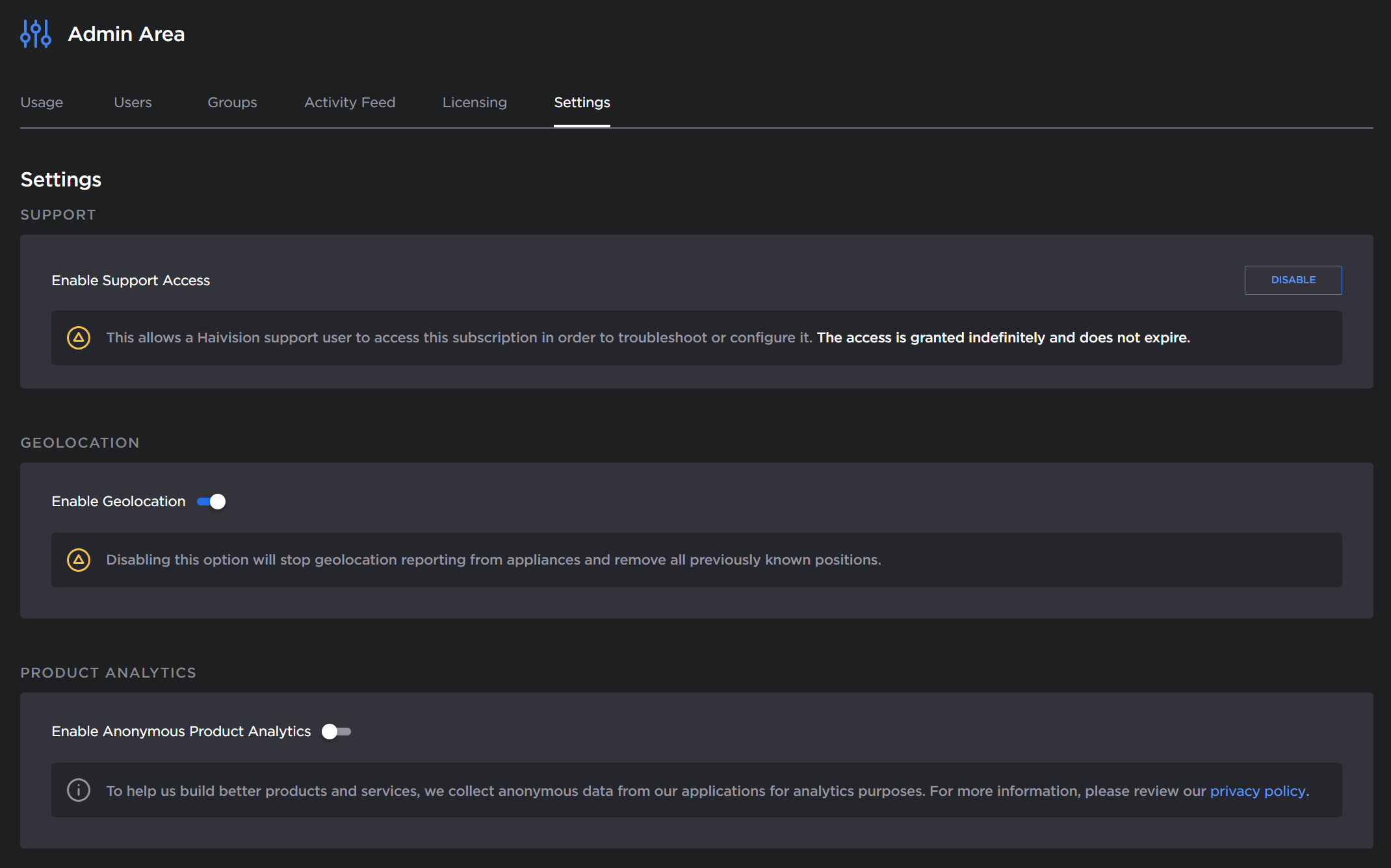 Settings tab